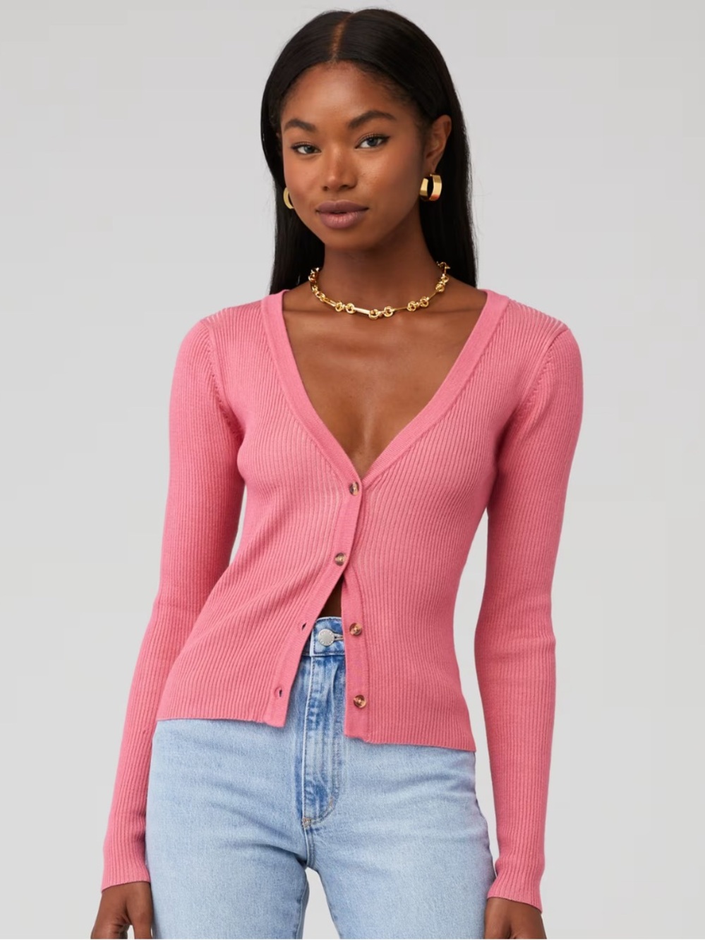 Araminta James Ribbed V-Neck Button-Front Sweater - Pink